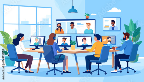 Hybrid Work Environment Collaborative Team Engaging in Video Conference and Remote Collaboration