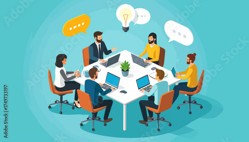 Team brainstorms hybrid work ideas around a table, fostering collaboration and innovation for remote and office-based employees