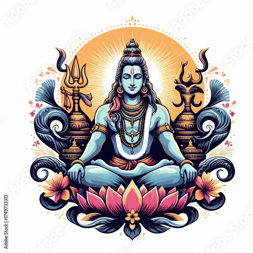 Lord Shiva meditating on a lotus flower with a radiant halo, trident, and damaru in a stylized illustration.
