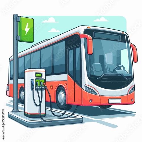 An electric bus is shown charging at a charging station, illustrating sustainable public transportation.