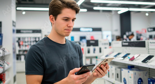 Confused Young Man Comparing Two New Smartphones in an Electronics