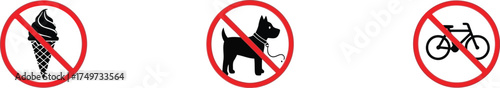 prohibition sign collection showing no dogs no bikes and no food symbols for rule boards and regulatory design uses