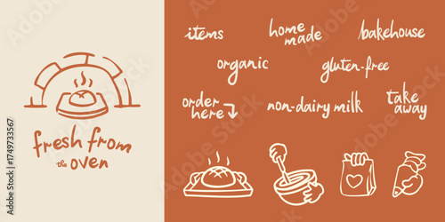 Set of hand drawn illustration and text template design element for bakery activity and store. Fresh from the oven bread, baking process, service sale and marketing content