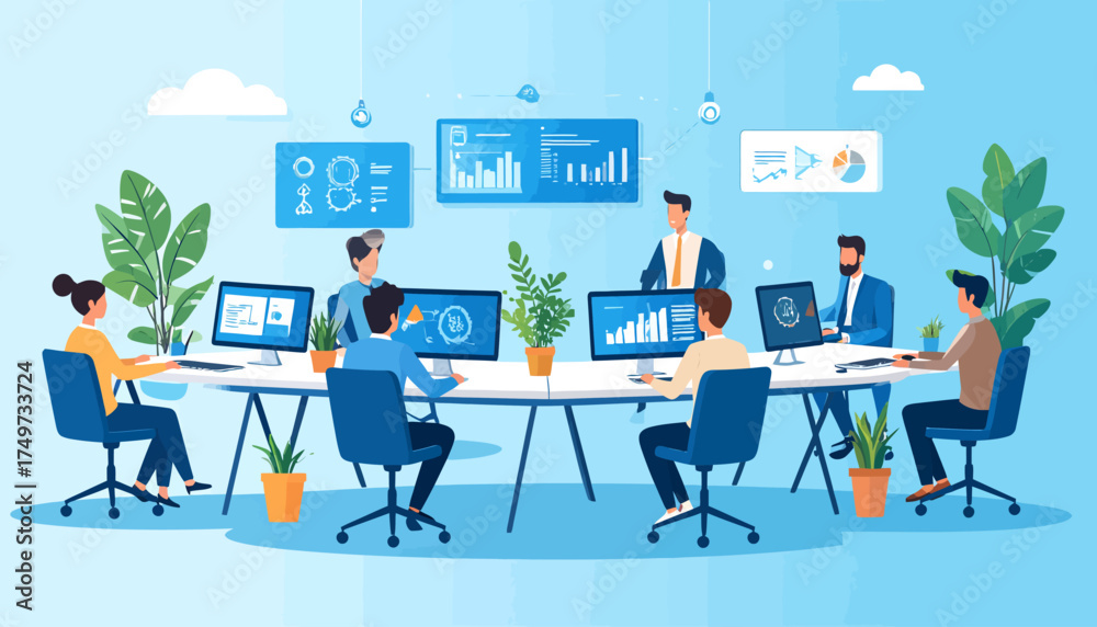 Fototapeta premium Fostering Innovation and Data-Driven Decisions in a Modern Collaborative Workspace Utilizing Hybrid Work Models for Enhanced Productivity and Strategic Growth