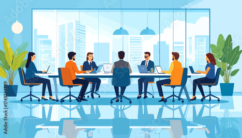 Diverse team collaborating in a bright, modern office meeting, showcasing strategic planning and implementation of efficient hybrid work models for business success