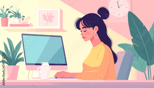 A focused young woman thrives in a vibrant home office setting, embodying the essence of productive hybrid work, blending professional duties with personal comfort and modern lifestyle