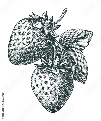 Vintage hand-drawn strawberries with leaves in detailed botanical style. Perfect for food packaging, kitchen prints, or product branding.