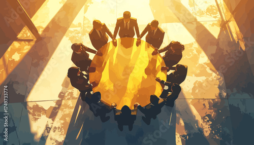 Hybrid Work Strategy Business Team Meeting Around a Glowing Table Illustration