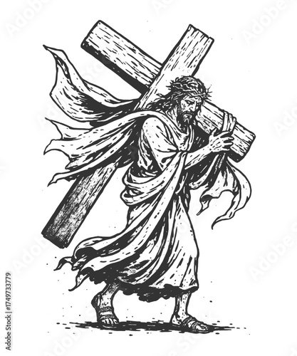Vintage hand-drawn illustration of Jesus carrying the cross in expressive sketch style. Suitable for Christian posters, shirts, or inspirational art.
