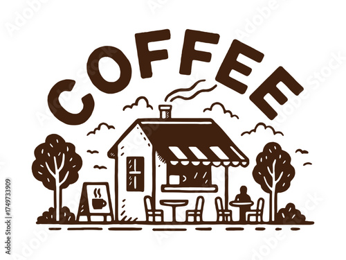 Vintage hand-drawn coffee shop illustration with house and outdoor seating. Ideal for cafe logos, menu covers, or packaging designs.