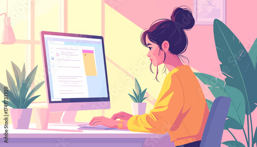 Focused professional managing tasks from her sunlit home office as part of a modern hybrid work model