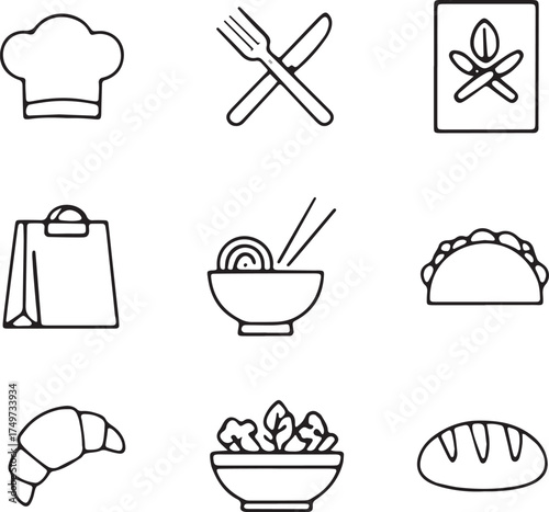Collection of simple line icons representing food drink and everyday items