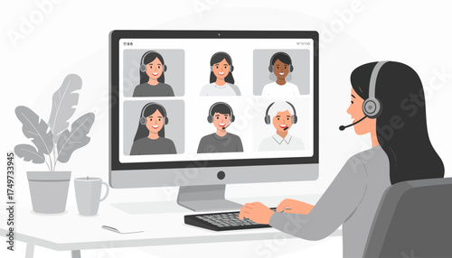 An illustration of a woman participating in a team video conference call from home, showcasing modern hybrid work and remote collaboration