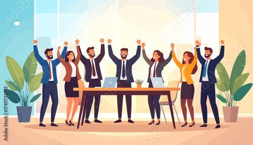 Successful Hybrid Work Team Celebrating Achievement and Collaboration in Modern Office Environment