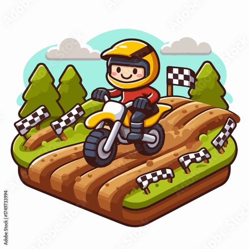 A cute cartoon illustration of a person riding a yellow dirt bike on a motocross track with checkered flags.