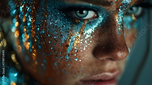 Close-Up Portrait of a Woman with Glitter Makeup and Unique Expression
