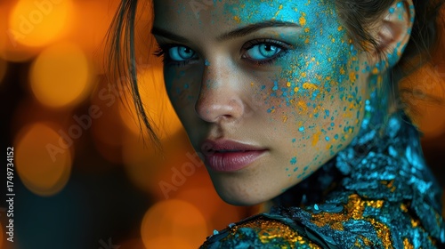 Stunning Portrait of Woman with Colorful Body Paint and Blue Eyes