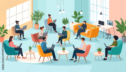 A diverse group of people collaborating and working remotely in a modern office space, embracing the future of hybrid work models
