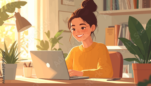 Embracing Hybrid Work A Smiling Woman Works on Her Laptop in a Cozy Home Office Environment