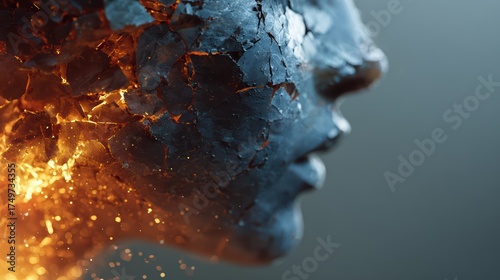 Abstract Profile of a Cracked Face with Glowing Elements and Textures