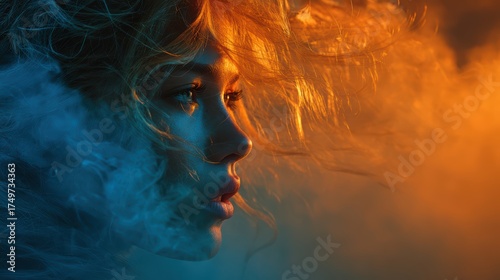 Captivating Portrait of Woman with Flowing Hair and Colorful Smoke