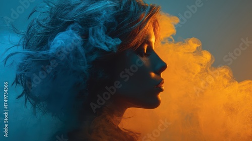 Profile of a Woman with Colorful Smoke in Artistic Portrait Photography