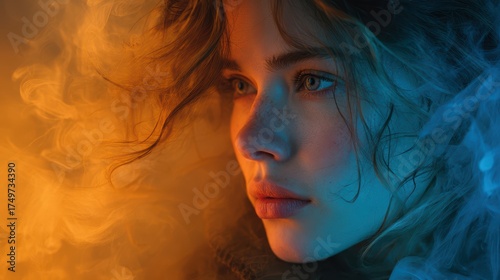 Portrait of a Young Woman Surrounded by Colorful Smoke Effects