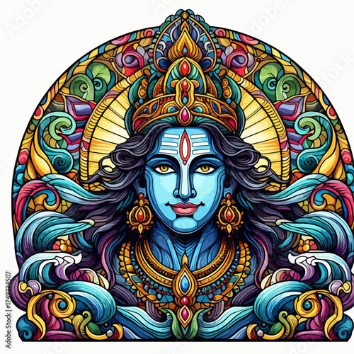 A vibrant, detailed illustration of a blue-skinned Hindu deity, possibly Shiva or Vishnu, in a colorful stained-glass or mosaic art style, adorned with a crown and intricate jewelry.