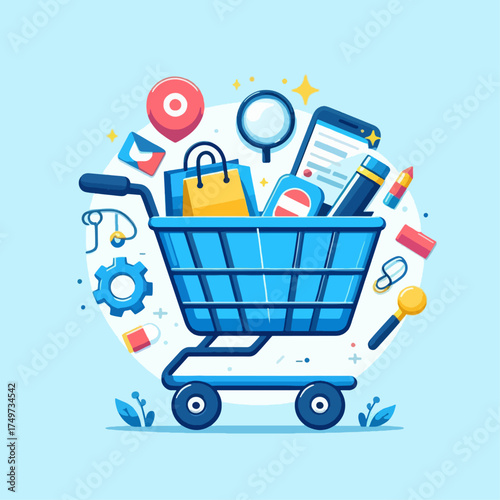 A vibrant illustration of a blue shopping cart overflowing with various products and e-commerce icons, symbolizing online shopping and retail.