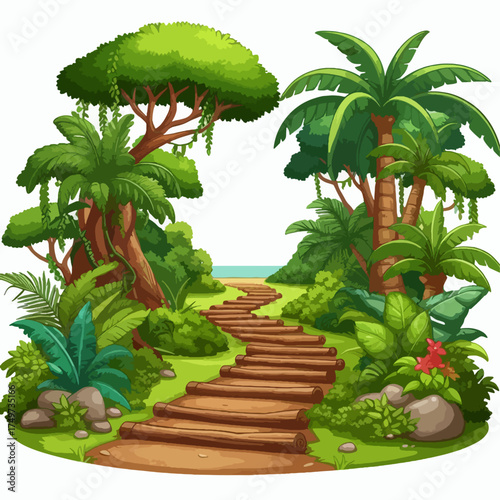 A winding wooden pathway leads through a lush, vibrant jungle towards a serene beach and ocean.