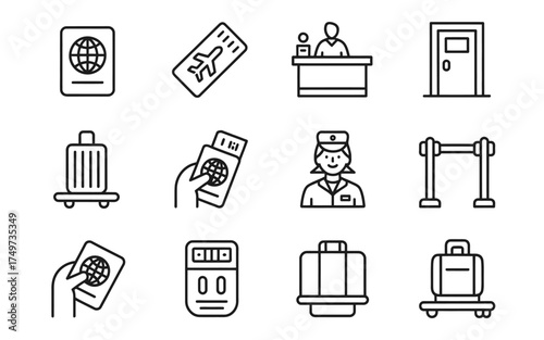 Airport and Travel Icons Set with Passport Ticket Attendant and Luggage Minimalist Black Line Design for Web and Print Design
