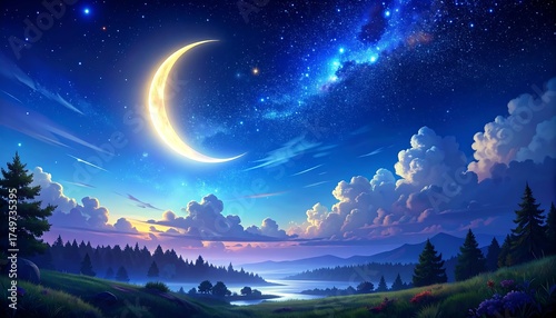 Peaceful Night Sky Over Misty Landscape.