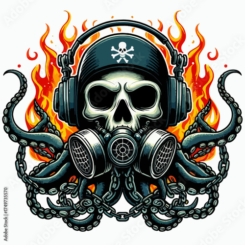 A menacing skull wearing headphones and a gas mask, surrounded by tentacles and flames, symbolizing danger and rebellion.