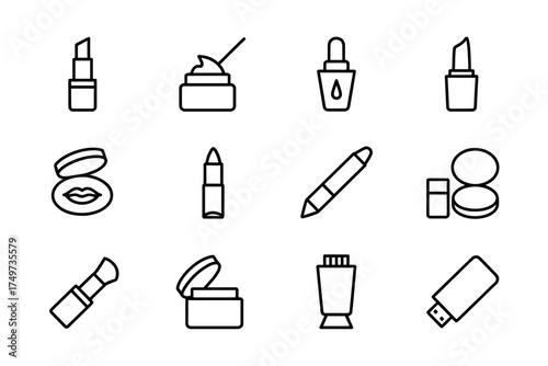 Collection of black and white line art makeup icons for beauty and cosmetic industry designs vector illustration