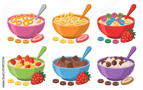 Colorful Bowls of Breakfast Cereal with Fresh Fruit and Cartoon Style Elements for Kids and Healthy Eating Promotion