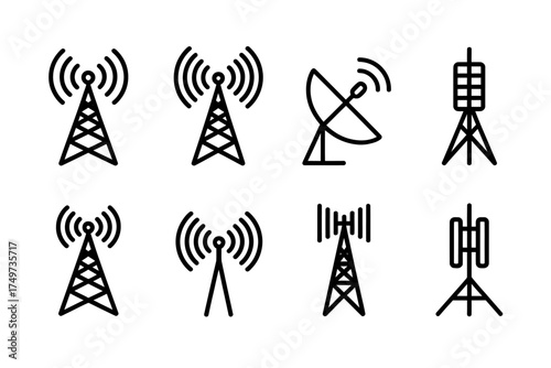 Communication Towers and Antennas Various Designs for Telecom and Broadcast Infrastructure Digital Transmission Technology Isolated Vector Illustration