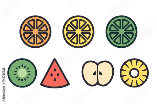 Colorful fruit slices icons in flat outline style for healthy eating