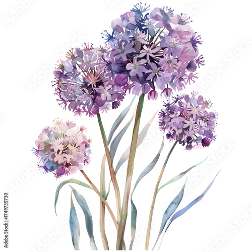 Purple Allium Flowers Watercolor Painting on transparent background