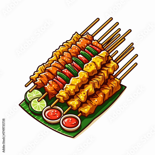 A vibrant illustration of delicious chicken satay skewers served with lime wedges and dipping sauces on a banana leaf.