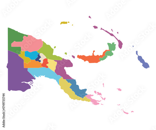 Papua New Guinea map regions. Map of Papua New Guinea regions in multicolor
