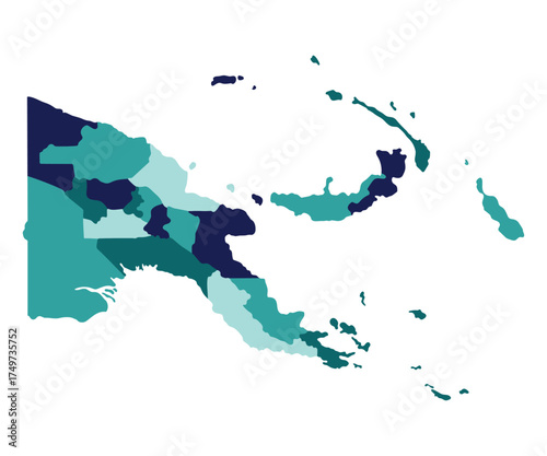 Papua New Guinea map regions. Map of Papua New Guinea regions in green multicolor