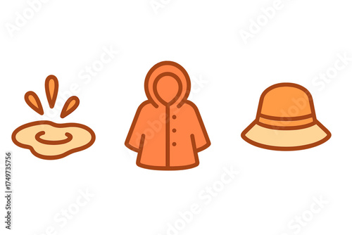 Set of icons for rainy weather gear including puddle and sun hat