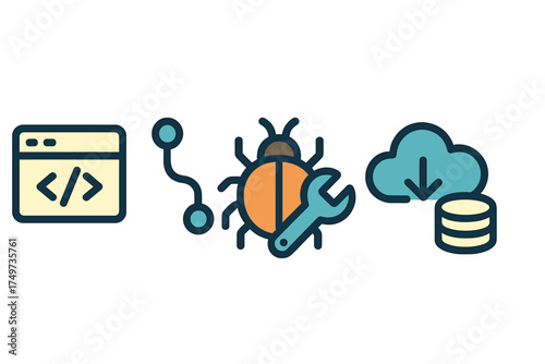 Software development debugging and cloud data storage concept icons