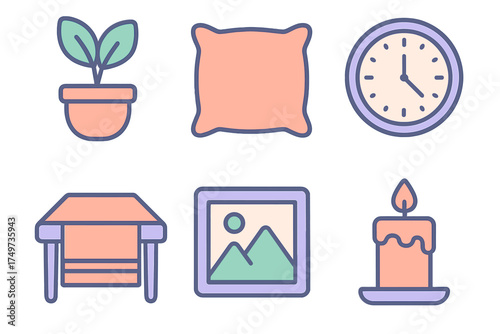 Six colorful icons for home comfort and relaxation elements