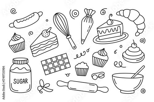 Doodle Baking Illustration Seamless Pattern with Cakes Cupcakes and Pastry Items Perfect for Culinary Designs and Sweet Treat Backgrounds