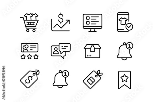 Ecommerce online shopping and marketing icons set depicting sales trends customer reviews purchase confirmation and notifications for website app and print design