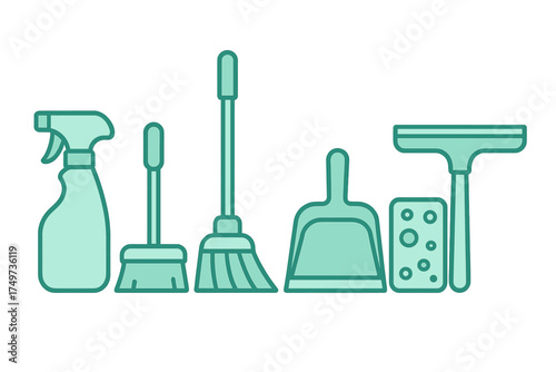 Collection of household cleaning tools icons for sweeping and washing surfaces