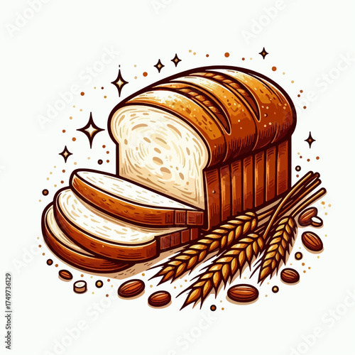 A cartoon illustration of a loaf of sliced bread with wheat stalks and nuts, featuring a warm, inviting aesthetic.