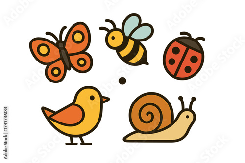 Collection of charming cartoon garden insects and small bird icons