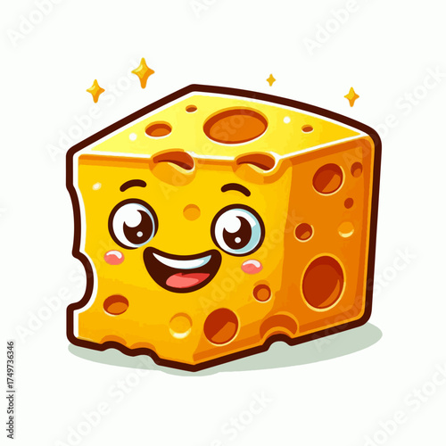 Cute cartoon block of yellow cheese with a happy smiling face and sparkling details, depicted in a cheerful illustration style.